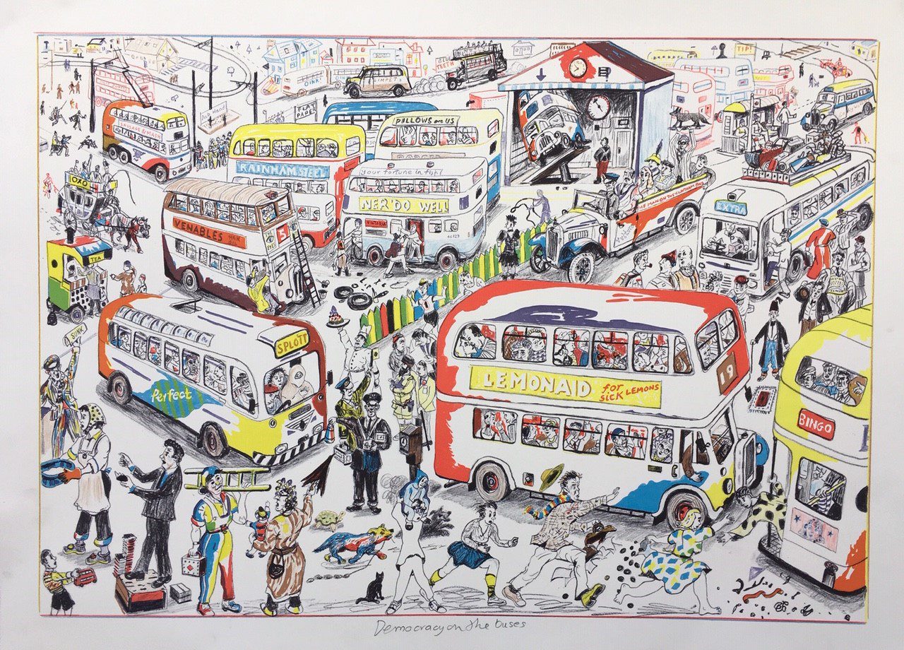 Chris Orr, Democracy on the Buses, 2020. Courtesy of Jill George Gallery
