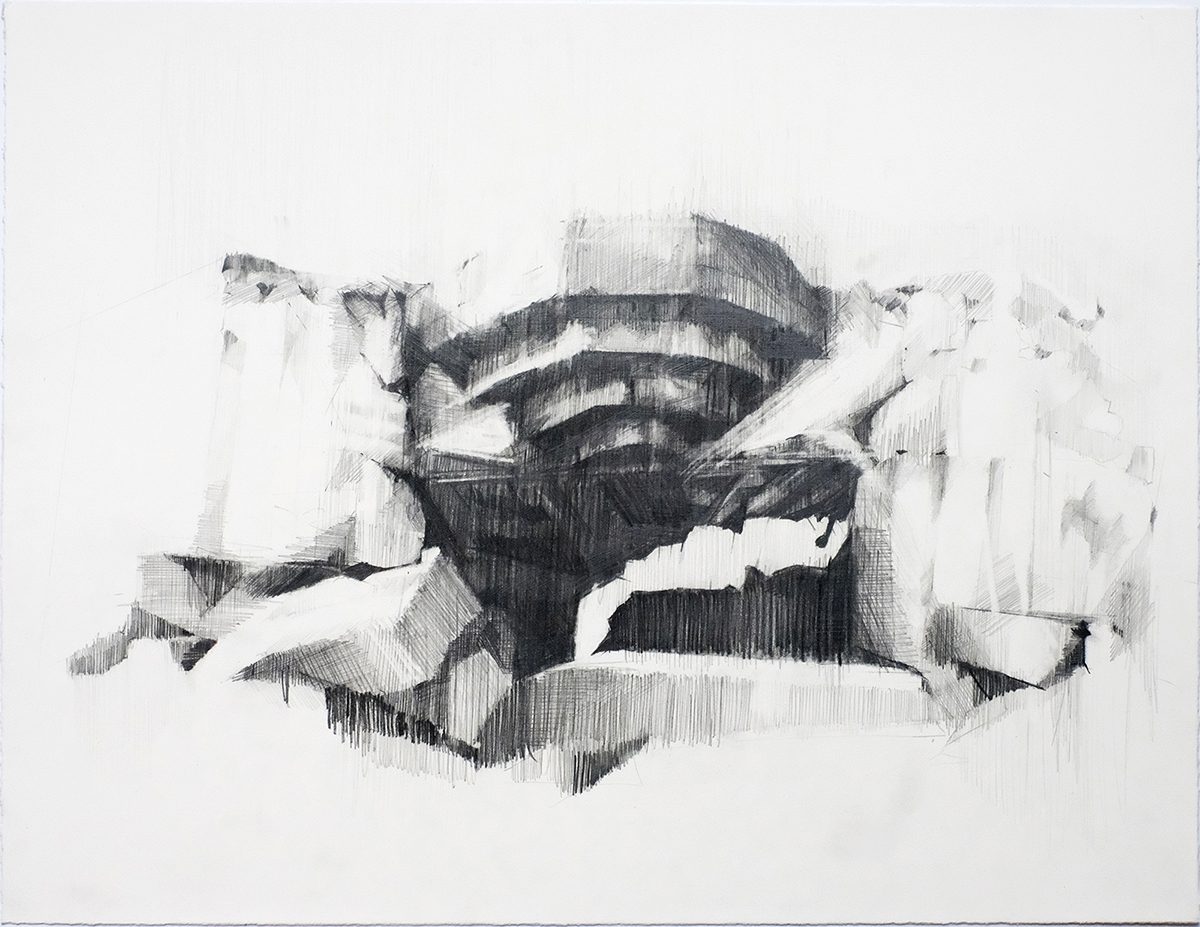 Ian Chamberlain, North Atlantic Wall – Vantage Point, 2020. Pencild and Graphite, 31.5 x 40.5cm. Courtesy of Rabley Gallery.
