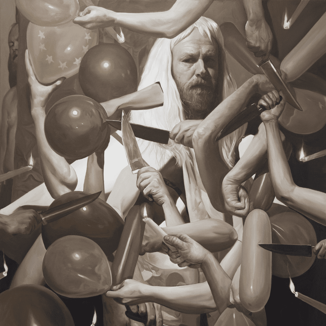 John Robinson, Allegory of Brexit (knifes and balloons / I hate myself and want to die)’, 2021. Courtesy of Anima Mundi