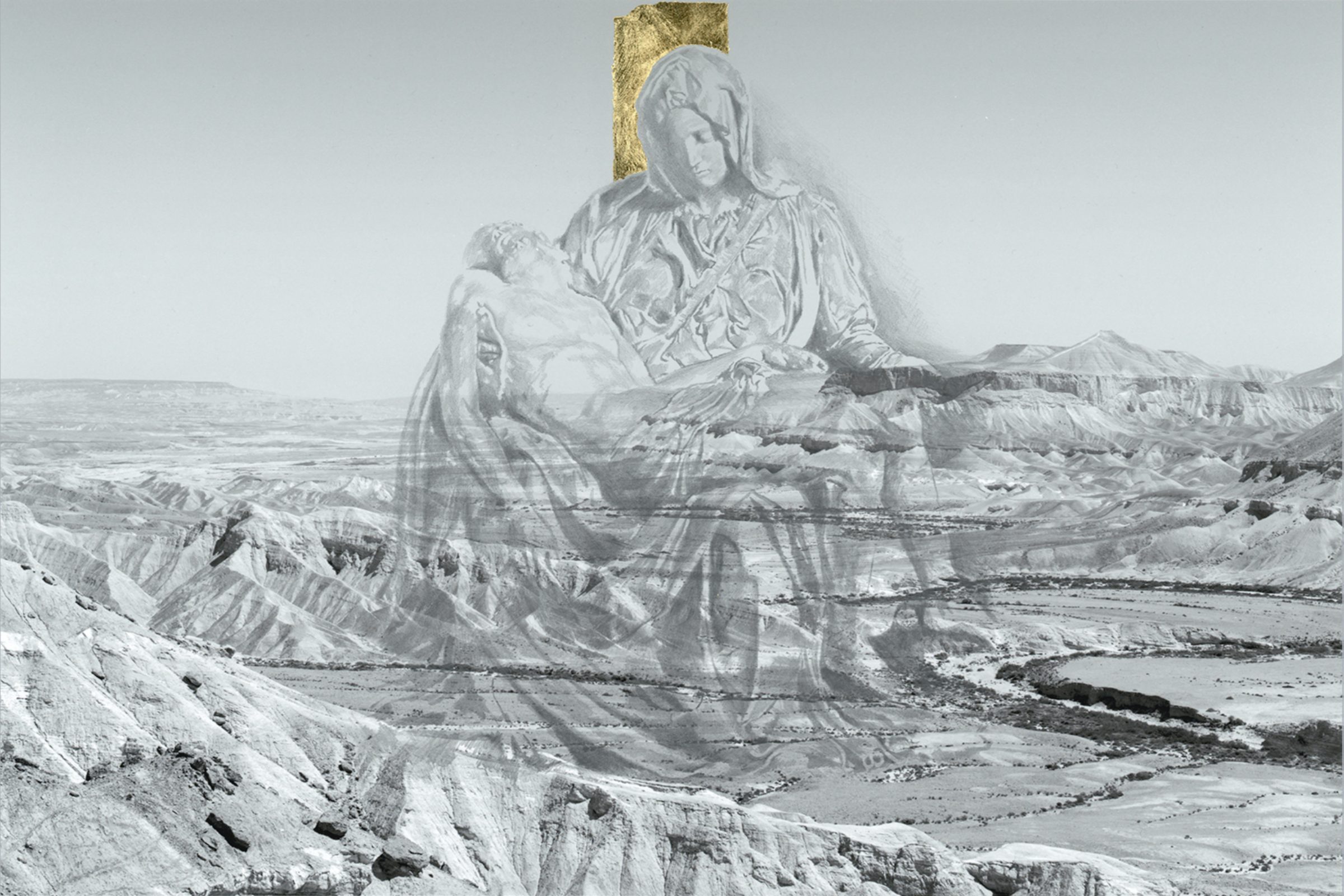 Yifat Bezalel, Pietà 2023. Pencil and gold leaves on archival print paper, 160 x 227 cm. Courtesy of MK Projects.