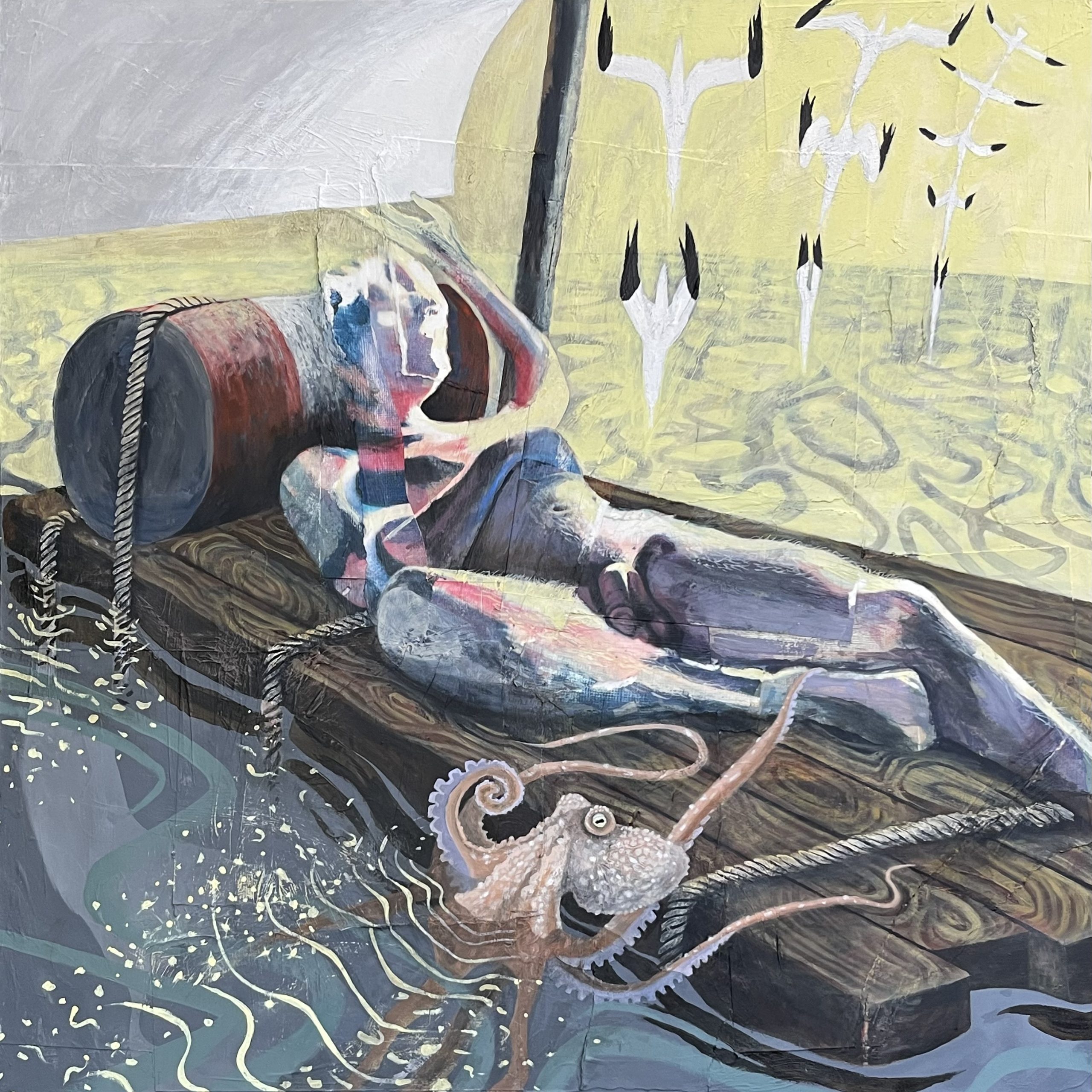 James Dearlove, Figure on a Raft with Sea Creatures. Courtesy of BWG Gallery