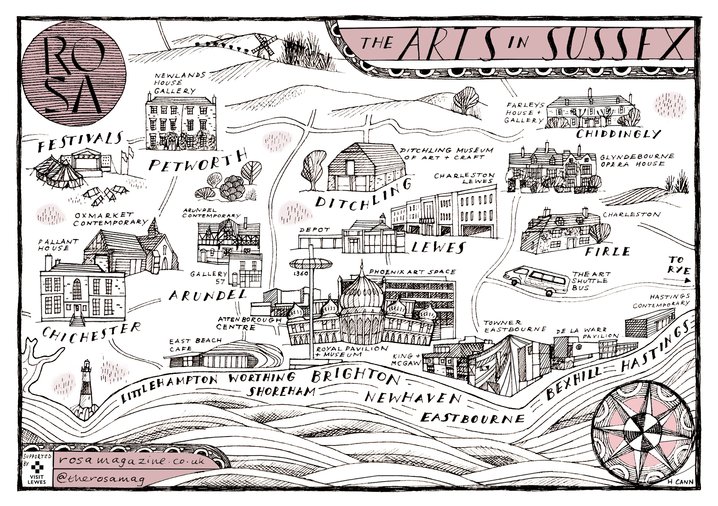 ROSA’s new Sussex Art Map by Helen Cann. Courtesy of ROSA Magazine.